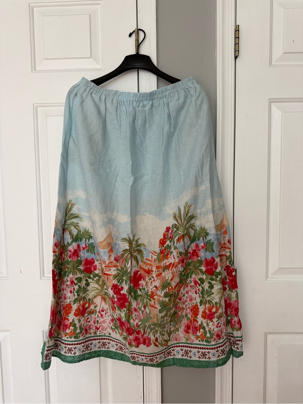Calypso Light Blue Floral Border Maxi Skirt with Tropical Print
